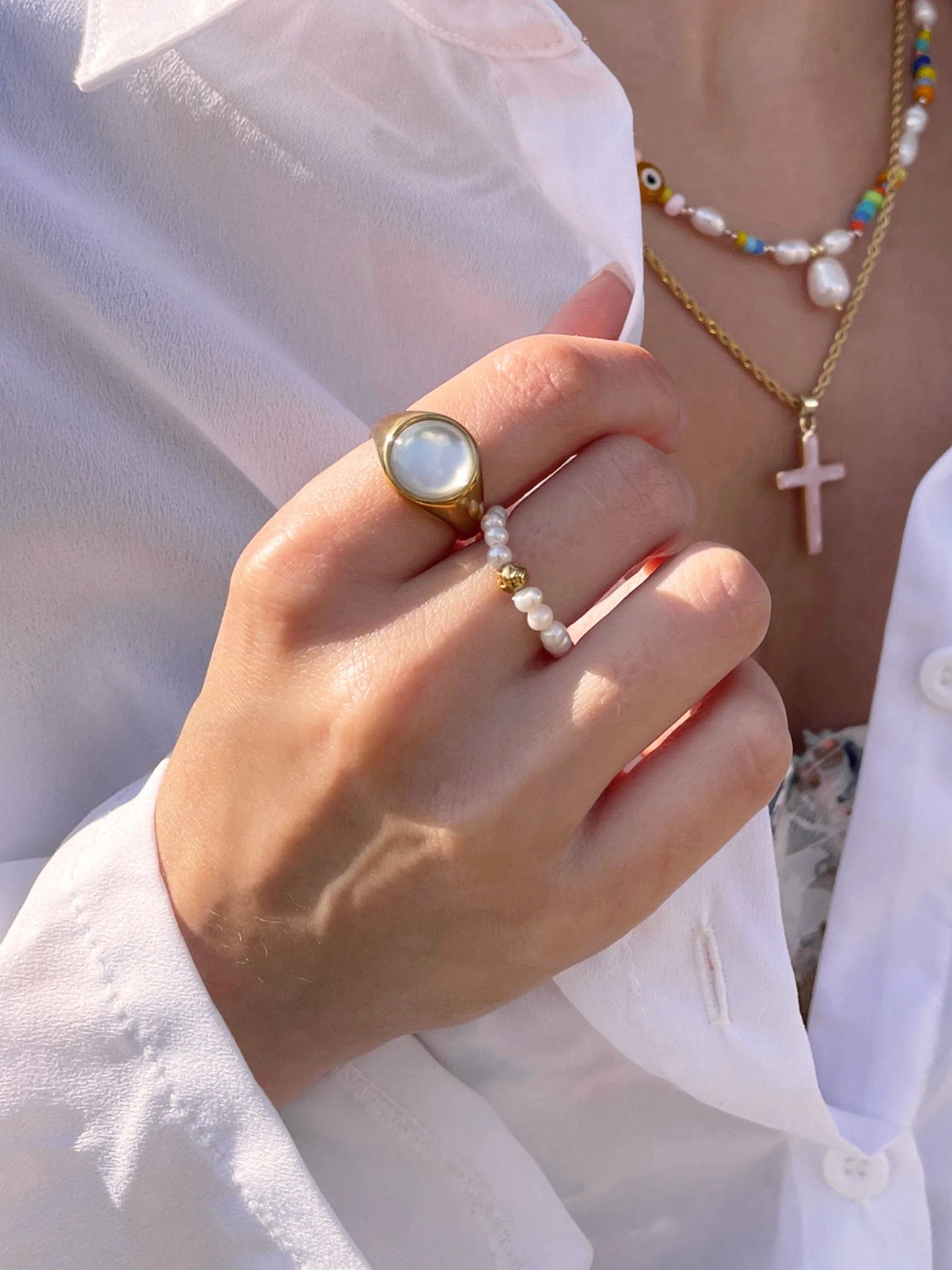 Nialaya Women s Beaded Pearl Ring AMY